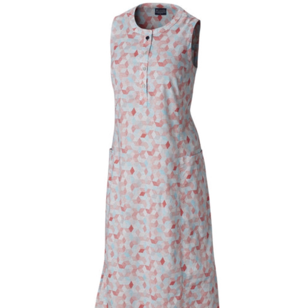 Columbia Sleeveless Maxi Dress in Coral and Light Blue Geometric Print